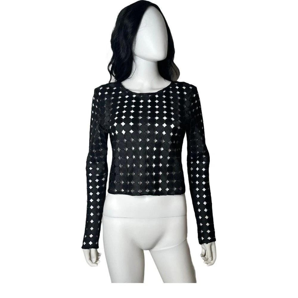 ALEXIS Black Geometric Circle Cut Out Crop Top Size L Avant Garde See Through